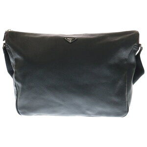 PRADA Vitello Dino Triangle Logo Plate Leather Shoulder Bag Black